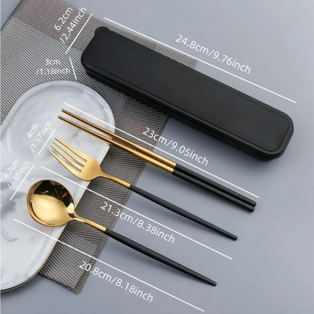 COPY - NEW TRAVEL UTENSILS BLACK/GOLD FORK, SPOON. CHOPSTICKS